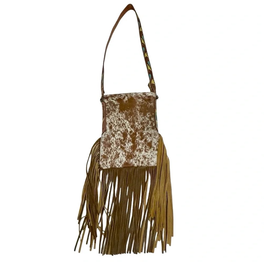 American Darling Cow Print Hair Fringe Western Purse Crossbody Messenger Bag - Picture 2 of 13